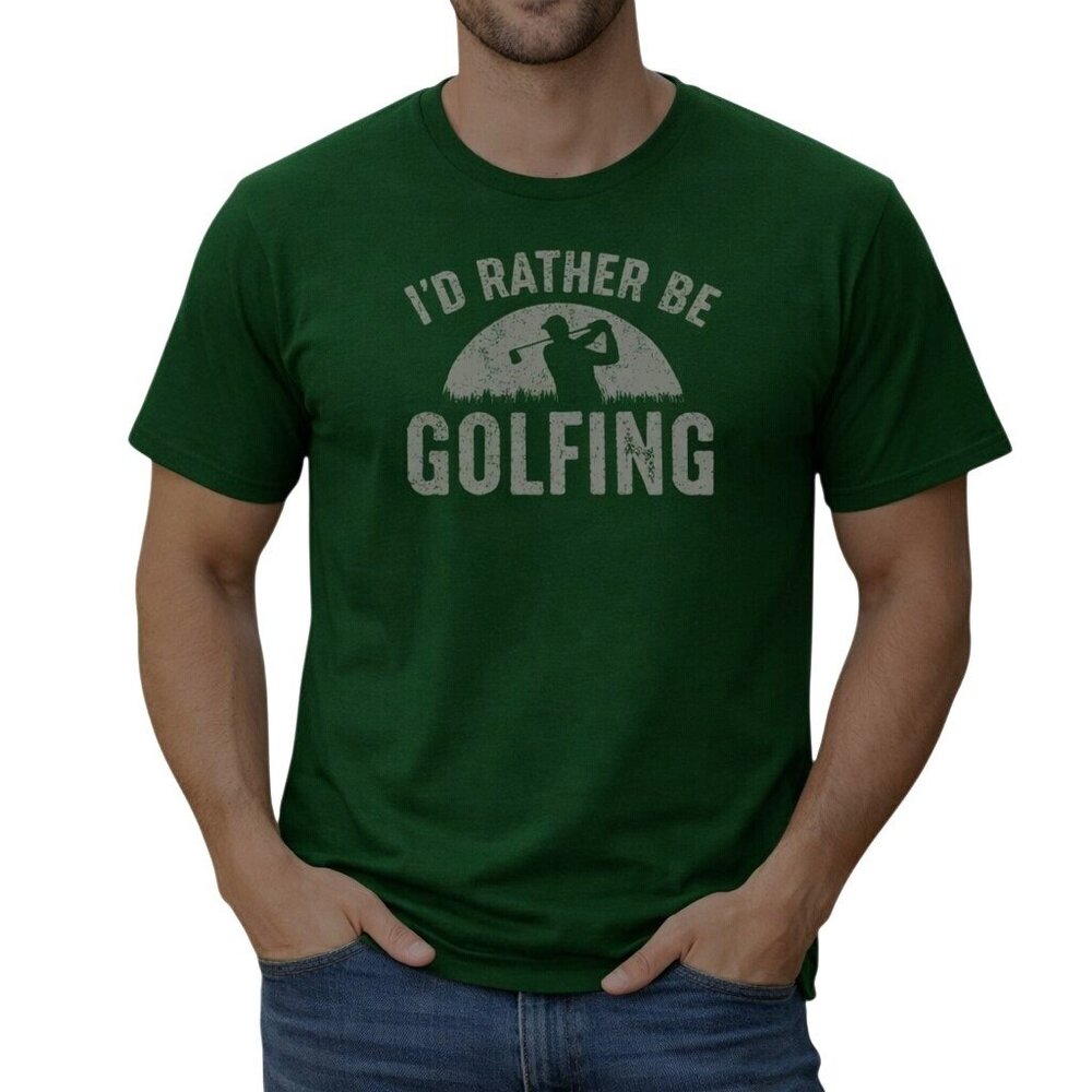 Mens Id Rather Be Golfing Graphic T-Shirt L Large Crew Neck Green Cotton Blend